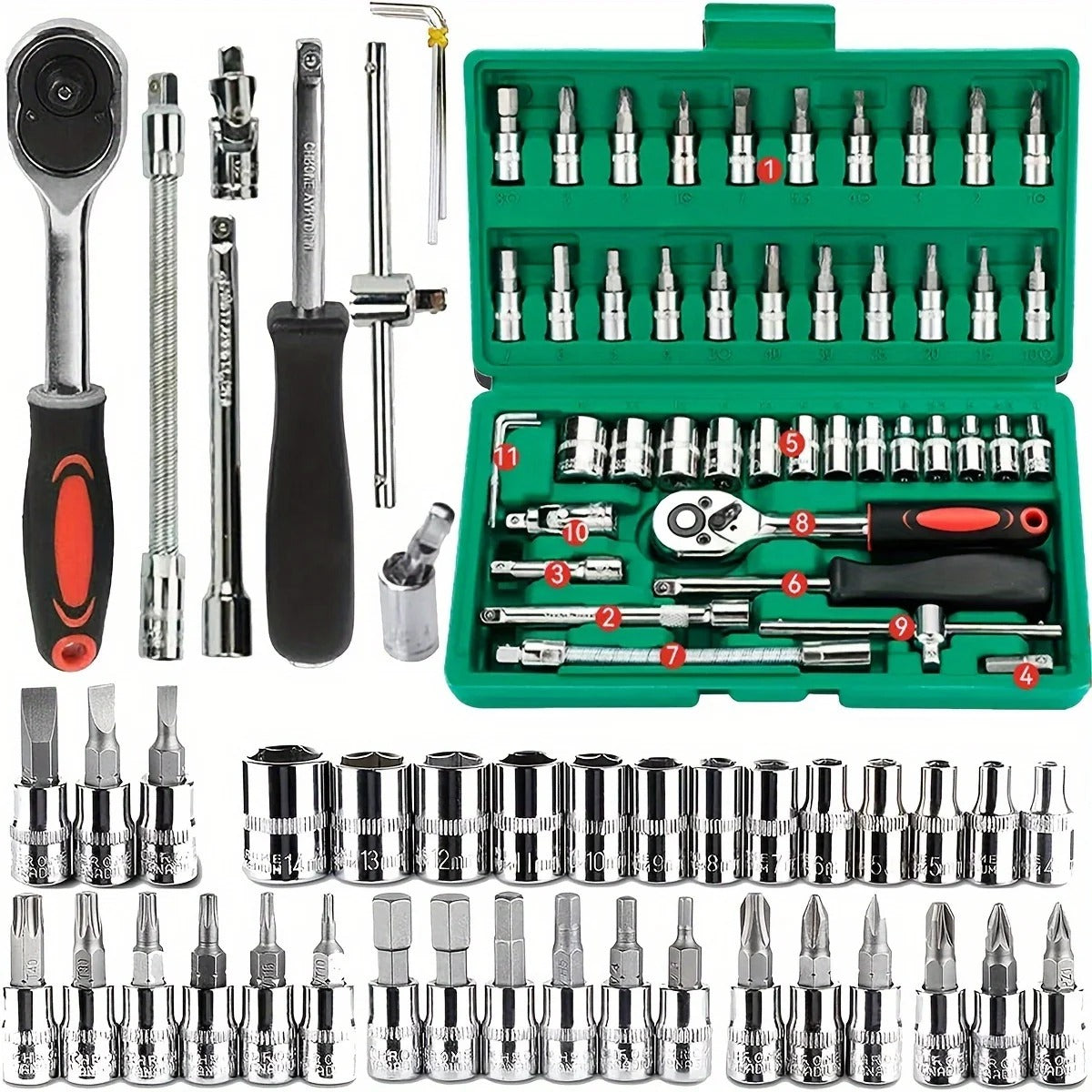 Pro 46-Piece Ratchet Socket Set — Heavy-Duty Metric & Hex Tool Kit