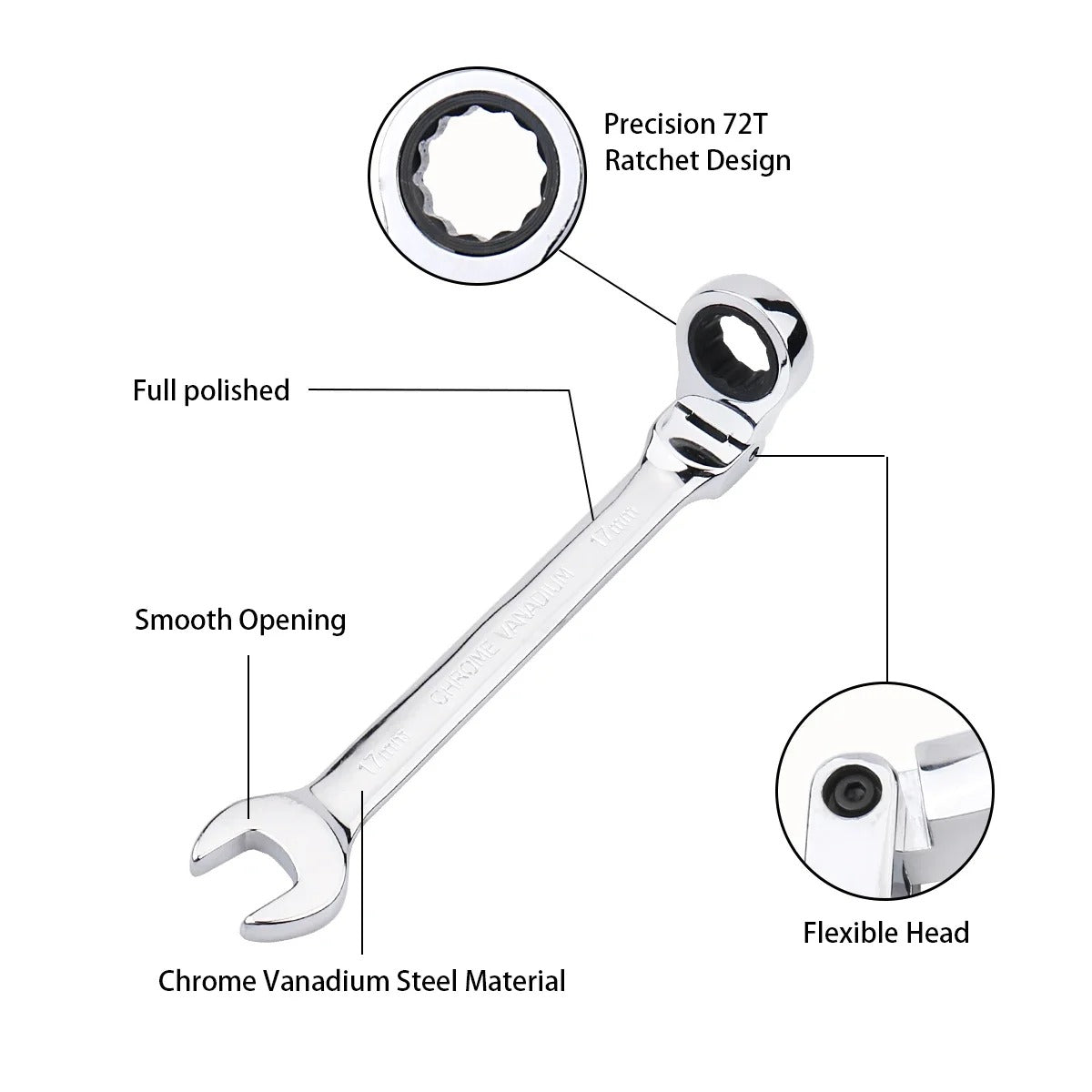 72-Tooth Ratchet Spanner — Flexible Head Wrench, 6–27mm Mirror Finish